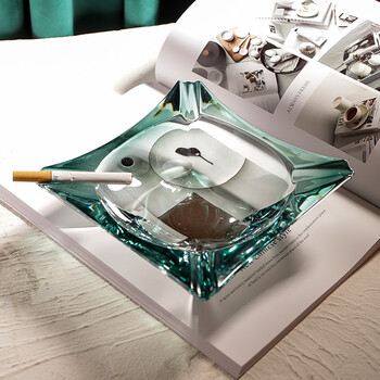 名时记轻奢创意感烟灰缸大号水晶玻璃用客厅办公方形丨翡翠绿口径16