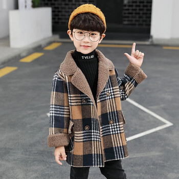 男童外套秋冬新款儿童风衣加绒韩版中大童男孩休闲加厚毛呢中长款格子