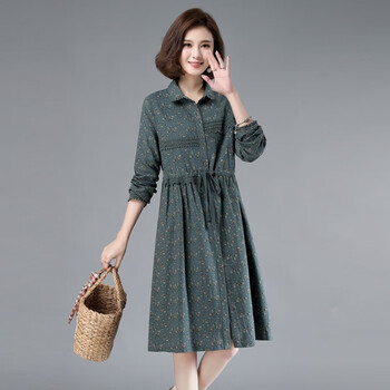女装春款棉绸连衣裙子纯棉妈妈40岁气质女装蓝色碎花2xl建议135150斤