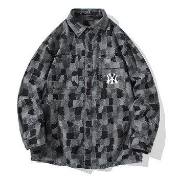 服饰内衣>男装>衬衫>美职棒(mlb)>mlbnnv官方春秋季牛仔格子翻领衬衫