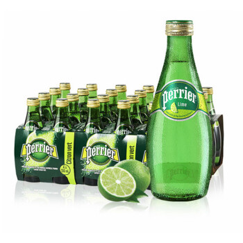 巴黎水（Perrier） 含气天然矿泉水玻璃瓶 法国进口果味气泡水 330mL 24瓶 1箱青柠味