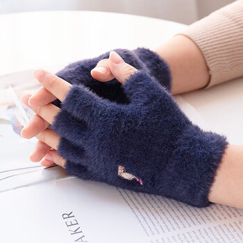 女生手套露指半截少女孩冬天中学生写字手套女可爱加绒半指加厚保暖