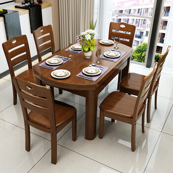 中式简约折叠伸缩方圆两用餐桌家用吃饭桌子小户型带转盘饭桌一桌六椅