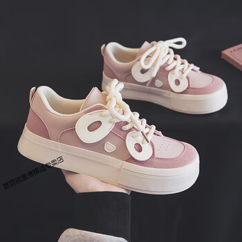 百丽踏秋季芒果头板鞋女士鞋子2023的新款超火大头休闲粉色日系帆布鞋