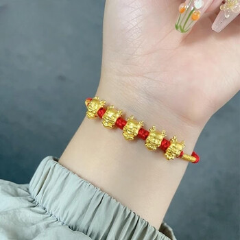 迈道老凤凰黄金五福龙转运珠手链女999足金生肖小金龙编织情侣红手绳5