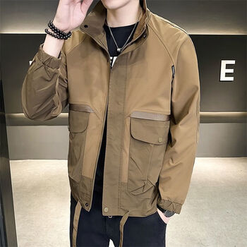 秋季新款男春休闲男士夹克立领工装外套潮流帅气冲锋衣宽松上衣服咖啡