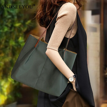 ANDSEEYOU轻便防水牛津布大包文艺尼龙托特包手提包女简约大容量帆布单肩包 墨绿色