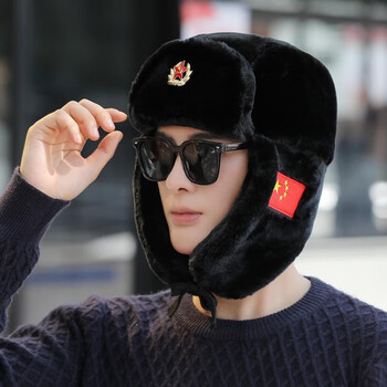 新款雷锋帽男冬季加绒保暖防寒护耳骑车防风帽爱国帽子棉帽黑色均码