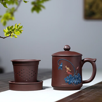 权舍宜兴紫砂杯纯全手工盖杯办公茶杯过滤茶具礼品紫泥荷塘清趣杯荷塘