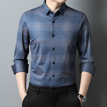 劲霸男装官方旗舰店正品长袖桑蚕丝衬衫小格子无痕免烫商务休闲衬深蓝