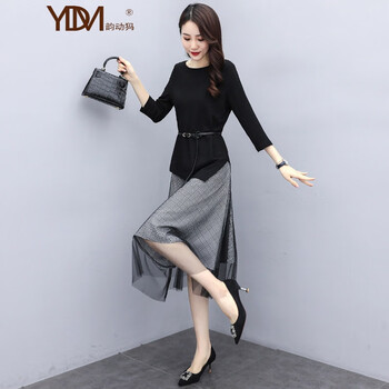 韵动犸新款连衣裙女春秋季小个子修身套装黑色两件装裙子女高端品牌女装 黑色 XL