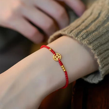 伊享足金红绳铜钱手链黄金转运珠手环本命年新款999足金手绳女钱币4