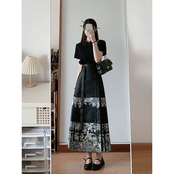 雪妃蓝琪新中式马面裙女连衣裙新款2023夏季全套国风改良小个子气质裙子 上衣+马面裙 XL