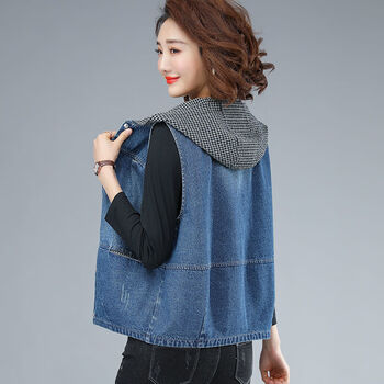 牛仔马甲女短款2021年春秋韩版宽松百搭休闲格子连帽背心马夹外套蓝色