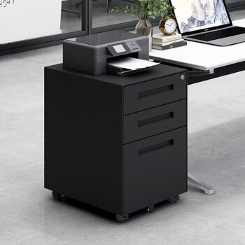 洛克菲勒 钢制文件活动柜三抽屉柜 办公储物矮柜移动铁皮柜子带锁 黑色