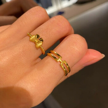 槐雀520送男女友礼物黄金戒指女士h戒子环环相扣网红双层食指指环生日