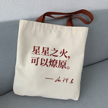 手提新青年帆布包学生帆布袋大容量单肩斜挎收纳包拉链拎包 星星之火可以燎原 34*39cm
