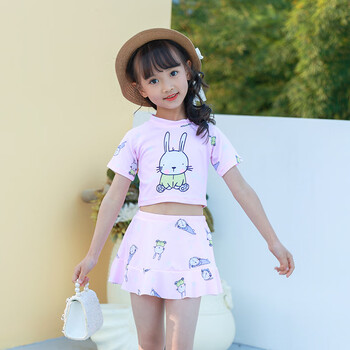 小女孩泳衣新款女童卡通兔子分体式泳衣泡温泉裙式泳装日系小清新泳裙