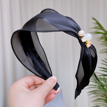 侧面打结蕾丝发箍网纱珍珠甜美发卡百搭外出仙女森系超仙网红头箍黑色