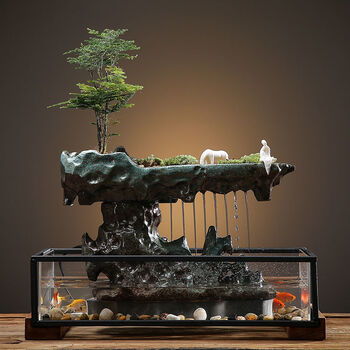 长方形鱼缸小型造景客厅装饰家用循环流水假山办公室前台桌面摆件空山