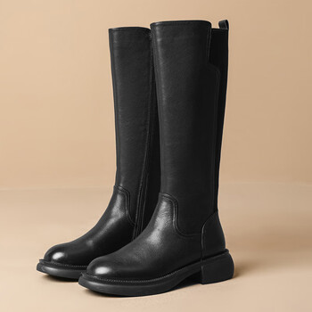 层牛皮高筒靴女2022秋冬骑士靴韩版百搭显瘦长靴粗跟侧拉链皮靴 黑色