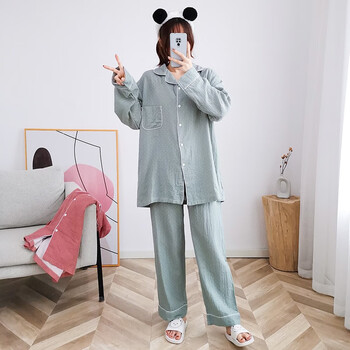 莱鸣纯棉纱布孕妇睡衣女春秋大码月子服棉纱家居服套装胖妹妹200斤加