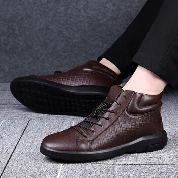 爱步男鞋头层牛皮高帮单皮鞋男内增高冬季加绒保暖棉鞋44大码潮流时尚