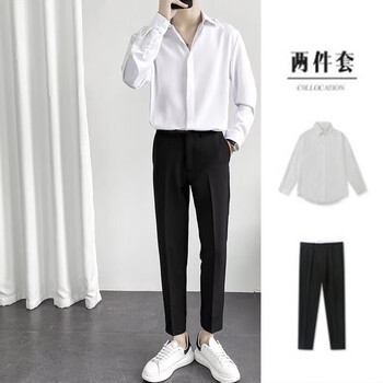 办公工作服一套休闲长衬衣西裤男配领带 白衬衫 黑色九分西裤(配领带)