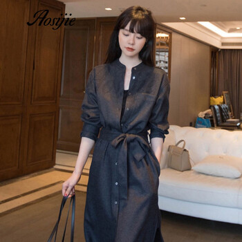奥丝婕（Aosijie）长袖风衣连衣裙女秋冬新款羊毛开衫系带显瘦气质中长款减龄风衣裙 深灰色 M