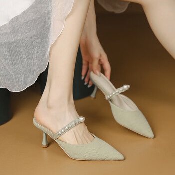 arshfe果绿色拖鞋女夏时尚外穿珍珠网红ins潮懒人鞋6公分包头凉鞋半