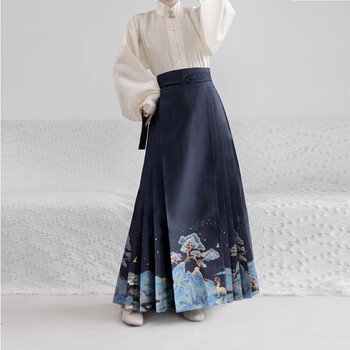 风汉元素上班穿明制千里江山夏季汉服潮梦城 藏蓝色千里江山马面裙 l