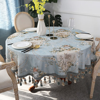 棉麻美式酒店台布餐桌垫梦巴黎蓝120cm直径圆桌布适合直径6080cm桌子