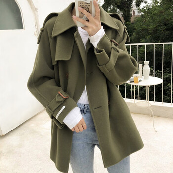 绒韩版风衣大衣短款小个子2022年新款宽松a型风衣款毛呢外套芥末绿s