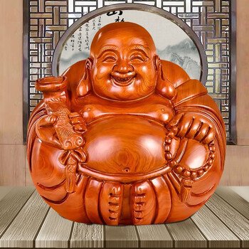 天从黑檀木雕刻如意弥勒佛像工艺品实木头木制木质大肚笑佛桌面摆件