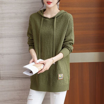 毛衣女宽松韩版大码遮肚上衣连帽百搭针织衫墨绿色定制大小勿拍随机发