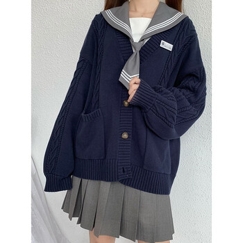 jk制服加厚秋冬制服毛衣女宽松麻花纯棉针织学院风日系开衫 藏蓝 s