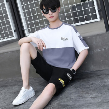 靓曼格 夏装学生男套装男童13男生夏季短袖t恤胖男孩衣服12-15岁初中