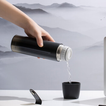 茶花（CHAHUA）瑞派不锈钢水杯按键出水带盖保温保冷杯子 黑色 450ml
