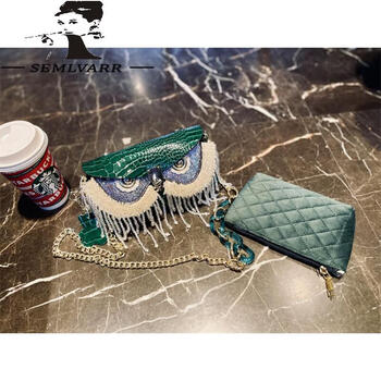 semlvarr高端欧美时尚潮流猫头鹰女包潮2023新款牛皮链条包网红牛绿色