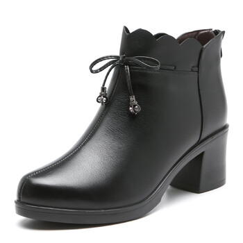 中年女士加绒保暖真皮鞋冬款牛皮短靴女中跟5厘米结婚鞋妈妈棉靴 黑色