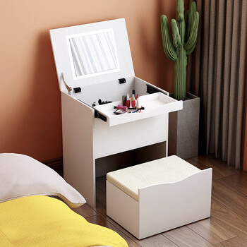 床头柜梳妆台收纳柜一体卧室40宽50cm床边超窄翻盖小型迷你化妆桌白