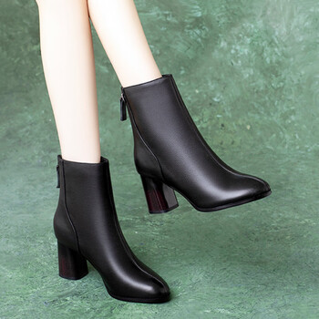 燕喻 女士高腰单皮鞋半高跟短靴女秋2023新款加绒中筒靴子 黑色单里