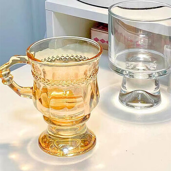 明袗复古玻璃杯茶杯高颜值女拿铁咖啡杯琥珀色两个装