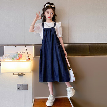 荷棠梦女大童牛仔背带裙夏装新款8女孩裙子912岁女童连衣裙韩版两件套
