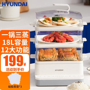 韩国现代（HYUNDAI）电蒸锅 多功能家用三层18L大容量蒸蛋器蒸汽锅电蒸笼蒸箱小早餐机可视电蒸锅 18L容量【10秒蒸汽+24小时预约+12大功能】