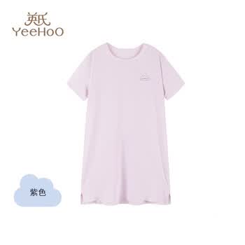 英氏（YEEHOO）儿童睡裙女孩短袖睡裙中童家居服冰丝无痕透气A类小童家居裙 紫色 110