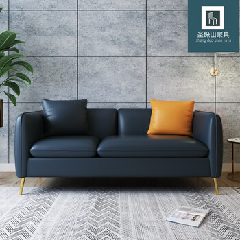 小户型客厅公寓简约风双人位皮艺沙发网红卧室服装店深蓝皮质三人180c