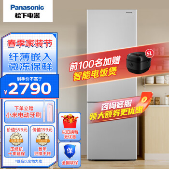 松下（Panasonic）265升松下冰箱三门家用60cm超薄冰箱自由嵌入APP智控银离子风冷无霜NR-EC26WPA-S银色