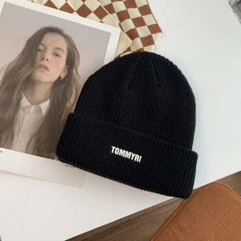 博主字母毛线帽女秋冬学生百搭针织帽保暖冷帽韩版休闲男女帽子潮黑色