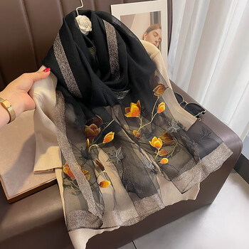 杰尚驰妈妈丝巾送长辈礼盒装中国风桑蚕丝丝巾女手工绣花披肩长款纱巾